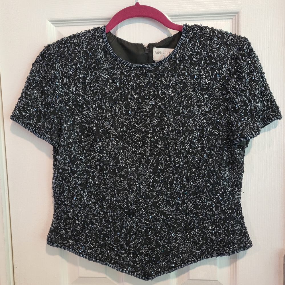 Papell Boutique Black and Silver Beaded Blouse